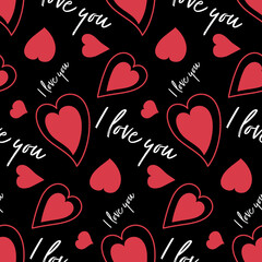 Red heart on black background, romantic seamless pattern for valentine's day for design