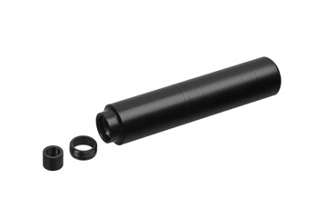 Black silencer for weapons. Suppressor that is at the end of an assault rifle. Isolate on a white back.