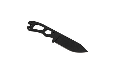 Modern hunting knife with black blade. Steel arms. Isolate on a white back.