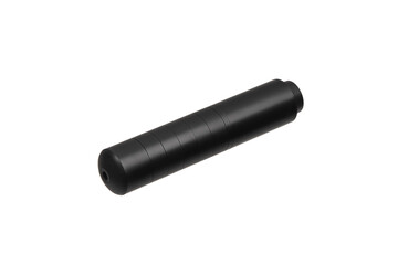 Black silencer for weapons. Suppressor that is at the end of an assault rifle. Isolate on a white...