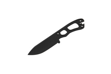 Modern hunting knife with black blade. Steel arms. Isolate on a white back.