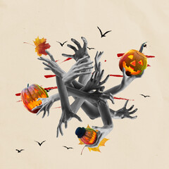 Contemporary art collage. A lot of human hands and glowing pumpkins over light background....