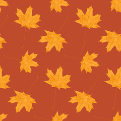Naklejka na ściany i meble Orange maple leaf autumn seamless pattern, vector illustration