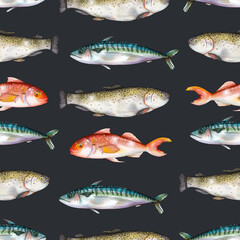 Fish watercolor seamless pattern with mackerel, salmon and red snapper. For kitchen textile, menu background, restaurant wallpaper