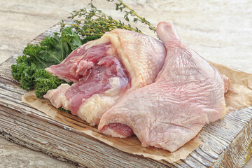 Raw duck leg for roast