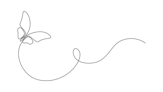 Butterfly in One continuous line drawing. Beautiful flying moth for wellbeing beauty or spa salon logo and divider concept in simple linear style. Editable stroke. Doodle vector illustration