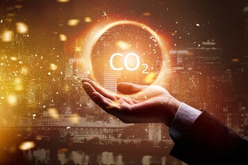 Man hold earth energy on tablet depicting the issue and reduce CO2 emissions carbon. Global warming...