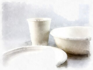 Plates bowls and white paper cups on a white background watercolor style illustration impressionist painting.