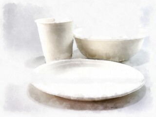Plates bowls and white paper cups on a white background watercolor style illustration impressionist painting.