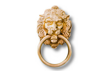 Golden lion head doorknob isolated on white background - obrazy, fototapety, plakaty