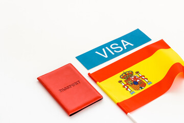 Flag of Spain with passport. Travel visa and citizenship concept