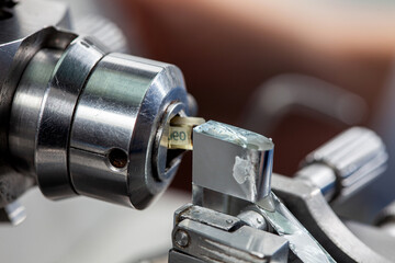 Closeup of cut sections and the glass knife with waterboat mounted on an ultramicrotome