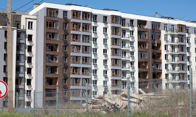 Broken windows of residential civilian building after Russian rocket exploded during Russian war...
