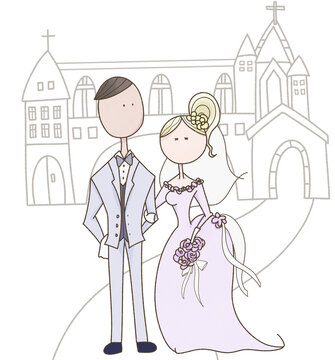 結婚式場とウェディングドレスを着た花嫁とタキシードを着た花婿
