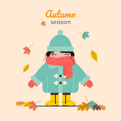 Child in warm Autumn clothes. Funny Child standing on background of Foliage. Inscription Autumn Season. Vector illustration.