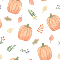 Seamless watercolor autumn pattern with pumpkin leaves. Background with fall plants