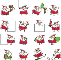 Cute Santa Clauses vector set. Can be printed and used as Christmas, New Year, Xmas template, card, placard, design elements
