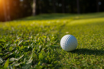 Golf ball on green grass in the evening golf course with sunshine background.