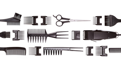 Professional hair clipper with set of nozzles of different sizes isolated on white background. Top view. Copy space for text
