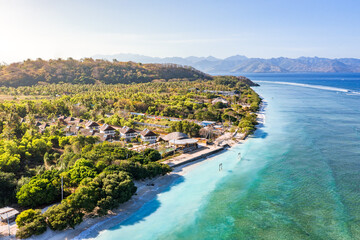 Tropical sea with turquoise water and trees. Gili Trawangan, Indonesia