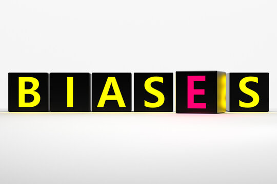 Word BIASES on cubes on white background.Bias concept.Personal bias, facts and prejudices.3D render