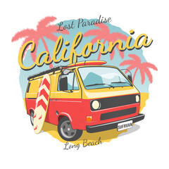 California typography for t-shirt print with surf,beach and retro bus. Vintage poster. eps 10.