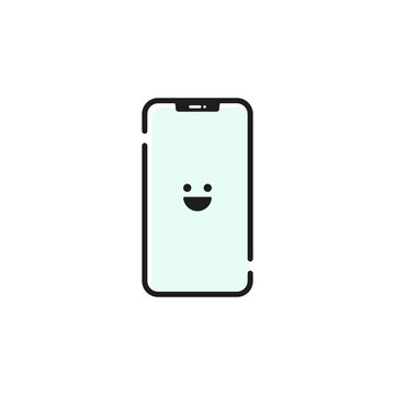 笑っているスマートフォンの線アイコン - スマホ･携帯電話･顔認証のイメージ素材
