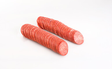 Salami slices, isolated. Meat cold cuts on a white background. Packshot photo for package design, template.