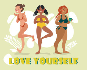 Three girls on a beach. Meditation, sport, lifestyle. Illustration in flat style