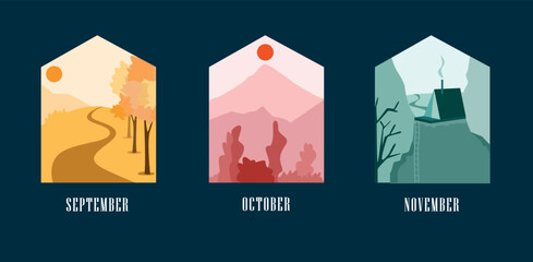 Naklejka premium Illustration in flat style, autumnal landscapes in frames, september, october and november