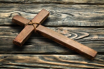 Ancient Cross on stone desk, religion concept