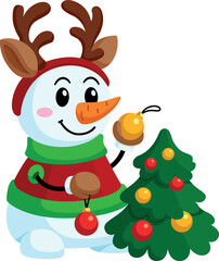 Christmas preparation. Cartoon snowman decorating tree with balls