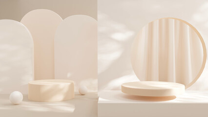 3D rendering Product display podium stand with curtain on Brown background. Mock up for the presentation. cylinder.