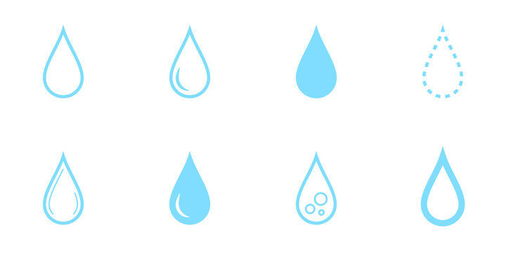 Conjunto de iconos de gota azul de agua. Concepto de lluvia