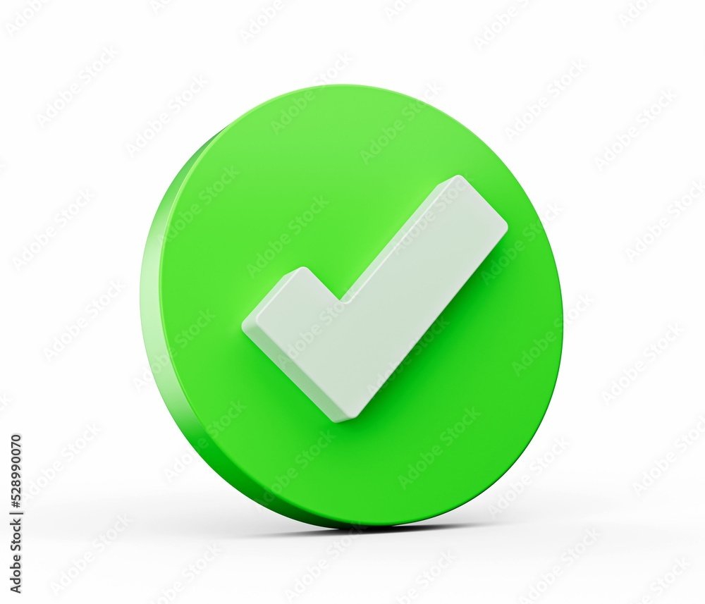 Poster 3d rendering of a green check mark icon isolated on white background.
