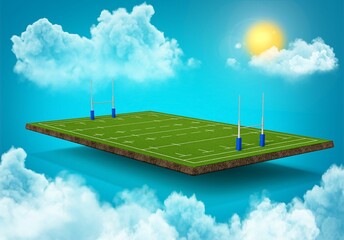 3d rendering of the rugby field in the blue sky with glowing sun and white clouds.