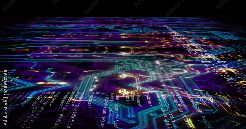 Leinwandbilder Futuristic coding software graphic or scifi microchip for hacker, cybersecurity ai or information technology background. Hacking, cloud computing or big data intel in future IT digital code database