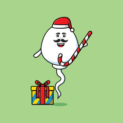 cute cartoon sperm santa clause character is bringing candy cane and boxes christmas illustration  