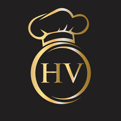 Initial Letter HV Restaurant Logo Template. Restaurant Logo Concept with Chef Hat Symbol Vector Sign