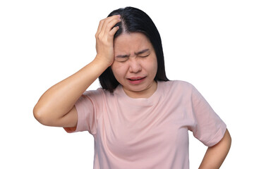 Asian women have severe headaches that can be caused by stress or anxiety, migraines, and chronic headaches. Close your eyes and touch your temples to relieve pain. isolated on a white background