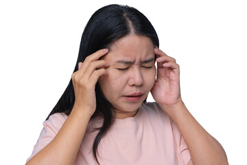 Asian women have severe headaches that can be caused by stress or anxiety, migraines, and chronic headaches. Close your eyes and touch your temples to relieve pain. isolated on a white background