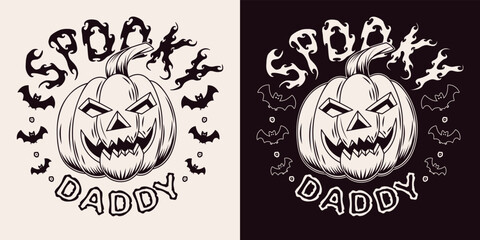 Round vintage emblem with text Spooky Daddy, silhouette of bat, pumpkin head stylized as a big male face. Holiday monochrome illustration on a dark, white background