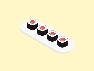 3d Japanese tuna maki sushi on white plate with yellow pastel background.