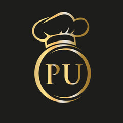 Initial Letter PU Restaurant Logo Template. Restaurant Logo Concept with Chef Hat Symbol Vector Sign