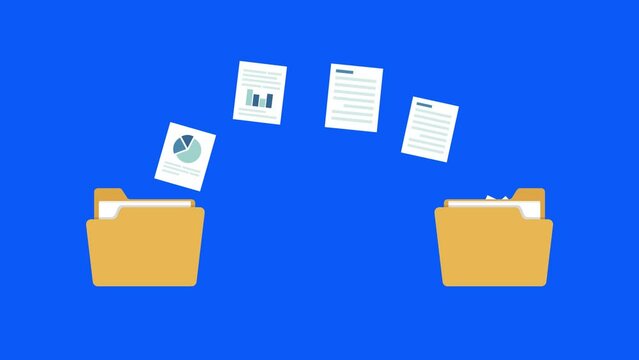 Transfer Business Files From Folder to Folder. Animation on blue Background . Sending Document 