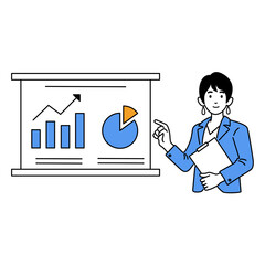 Business woman presentation business growth. Creative concept. Isolated vector illustration outline hand drawn doodle line art cartoon design character.