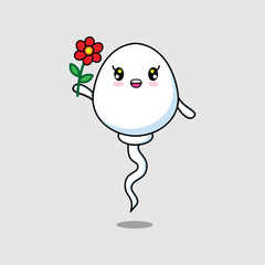Cute cartoon sperm character holding red flower in concept flat cartoon style