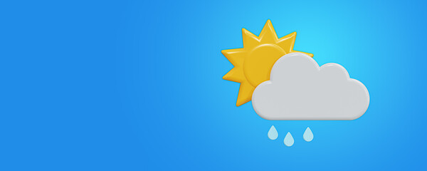 Weather forecast 3d icon. Partly cloudy with rain Weather forecast info icon on blue. Climate weather element. Trendy banner for Metcast report, meteo mobile app, business, web.