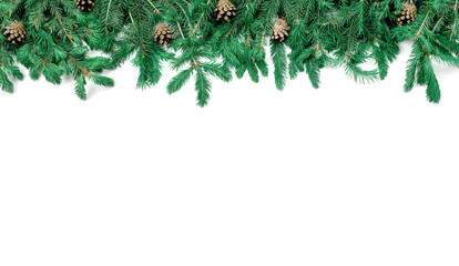 Christmas border. Christmas Background with fir branches. Christmas Decorations Border isolated on white background. top view, copy space