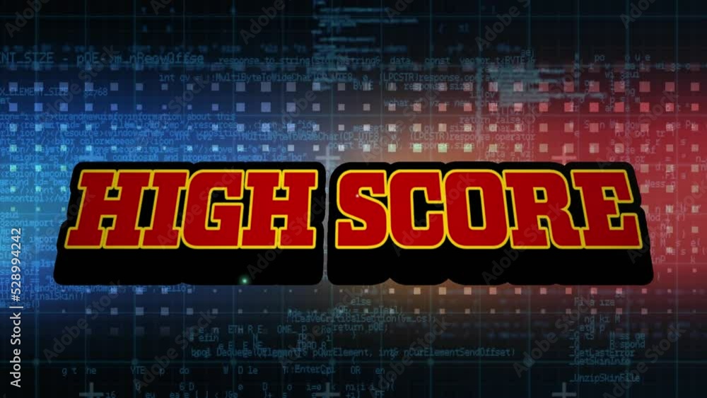 Poster animation of high score text over shapes and data processing on black background